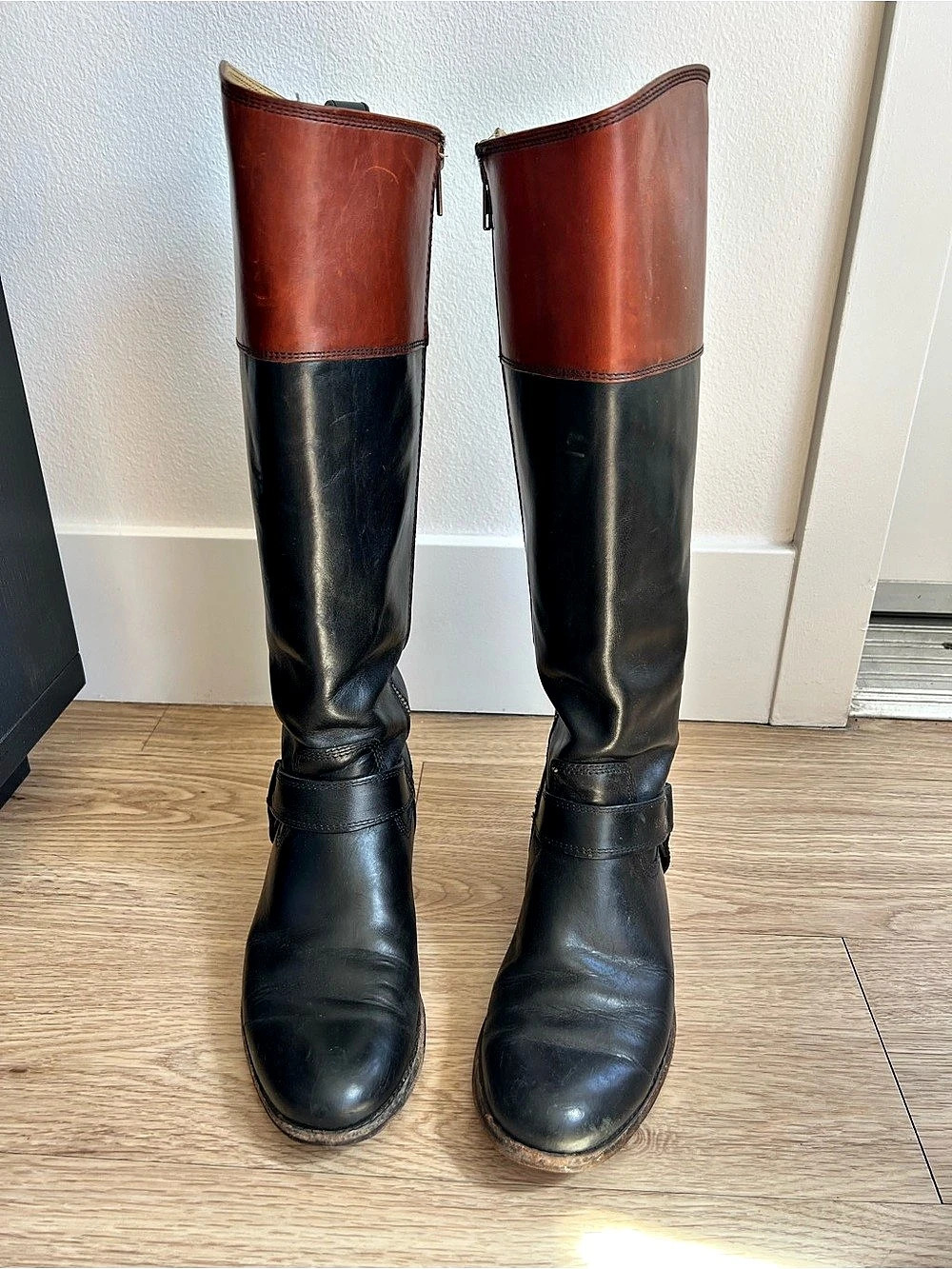 Frye Melissa Harness Tall Back Zip Boots Two-Tone Leather